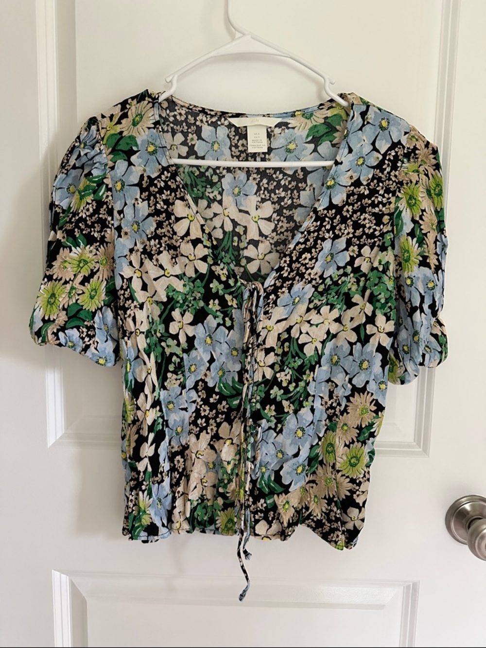 H&M Black Floral Tie-Front Blouse with Blue & Green Flowers